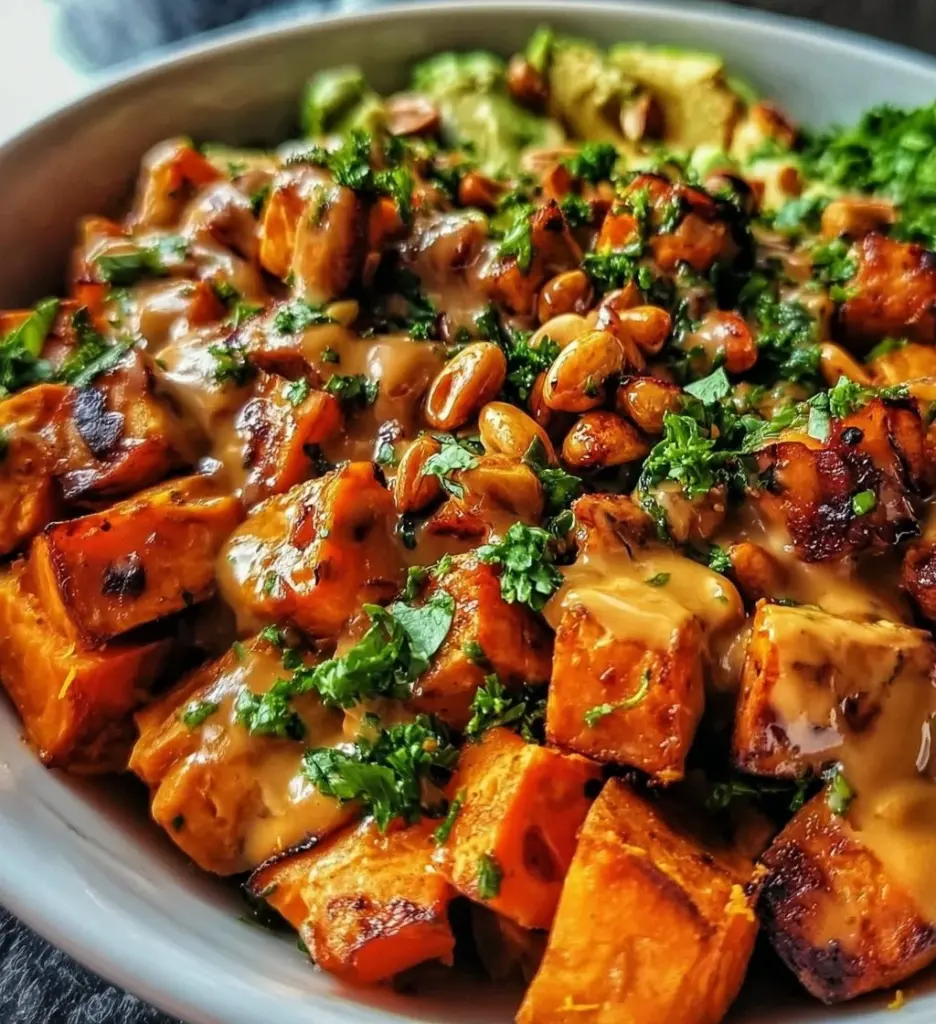 Thai Peanut Sweet Potato Buddha Bowl topped with fresh vegetables and peanut sauce.
