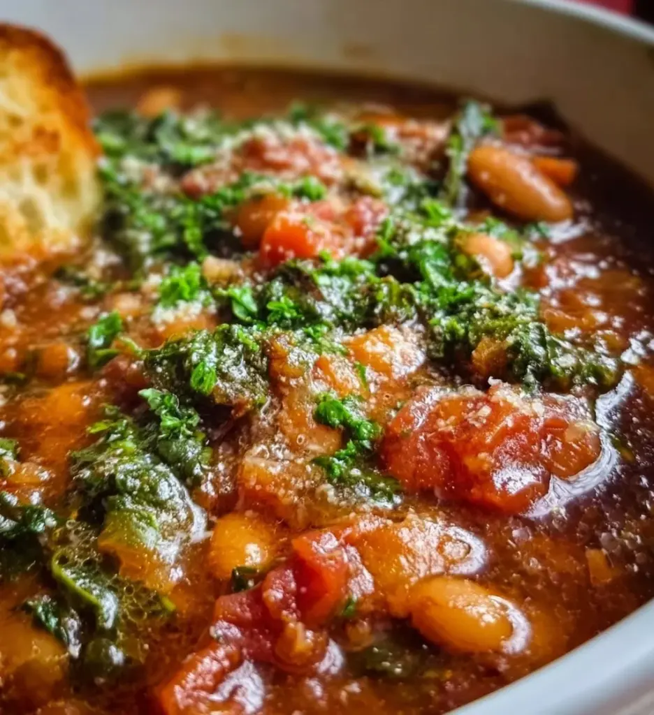 A bowl of authentic Tuscan Ribollita Soup topped with fresh herbs and crusty bread.