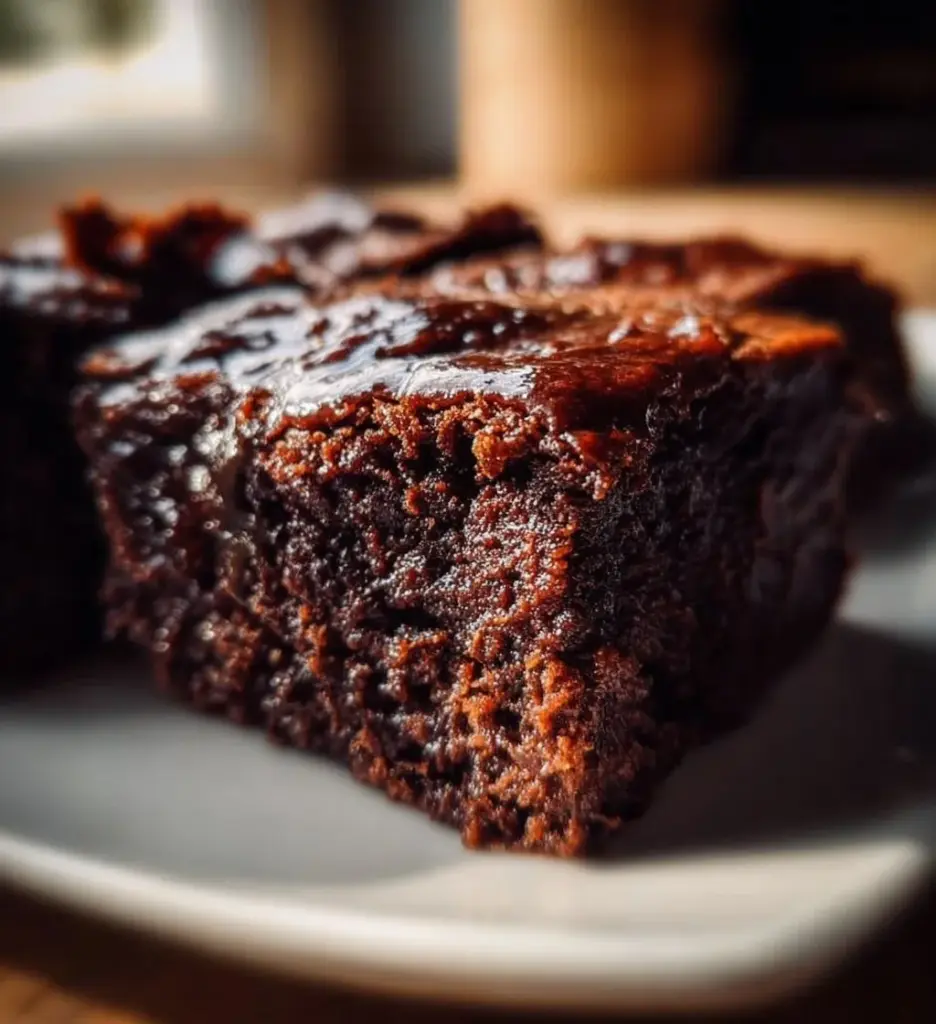 Fudgiest sweet potato brownies on a plate topped with chocolate drizzle
