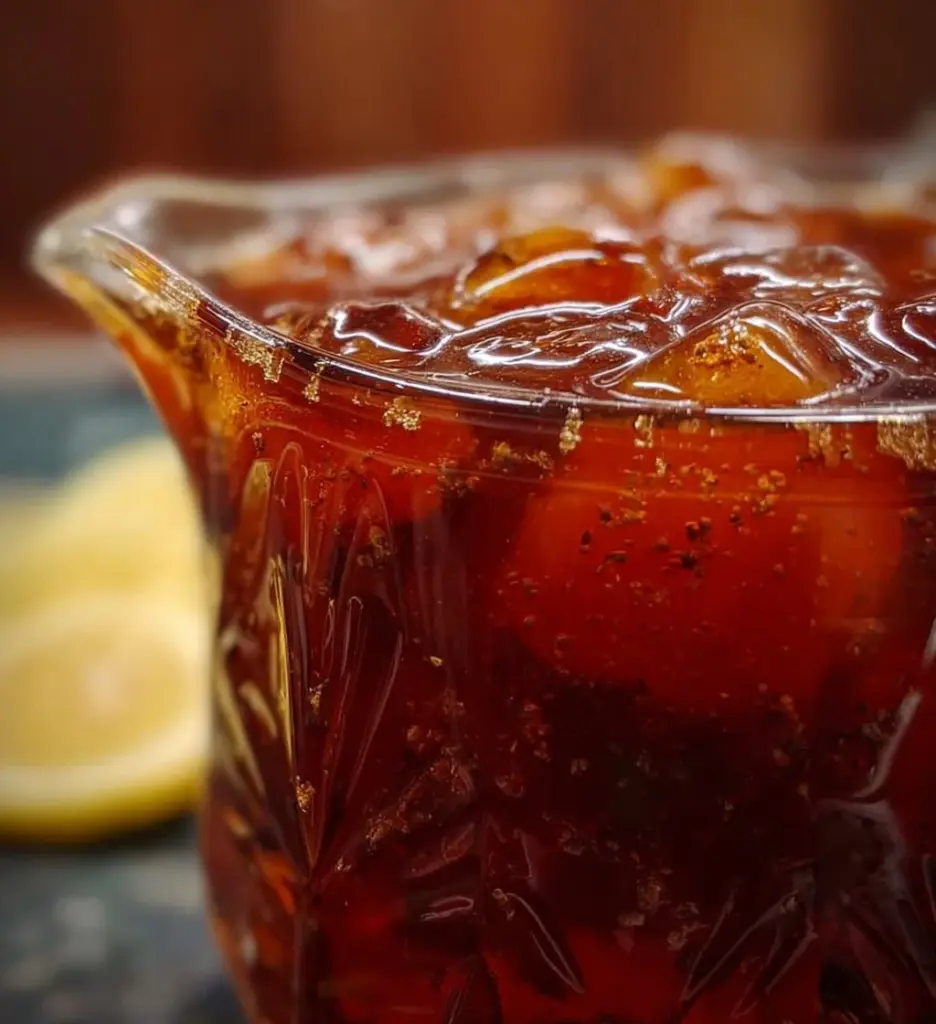A refreshing glass of traditional Southern iced sweet tea with lemon slices.
