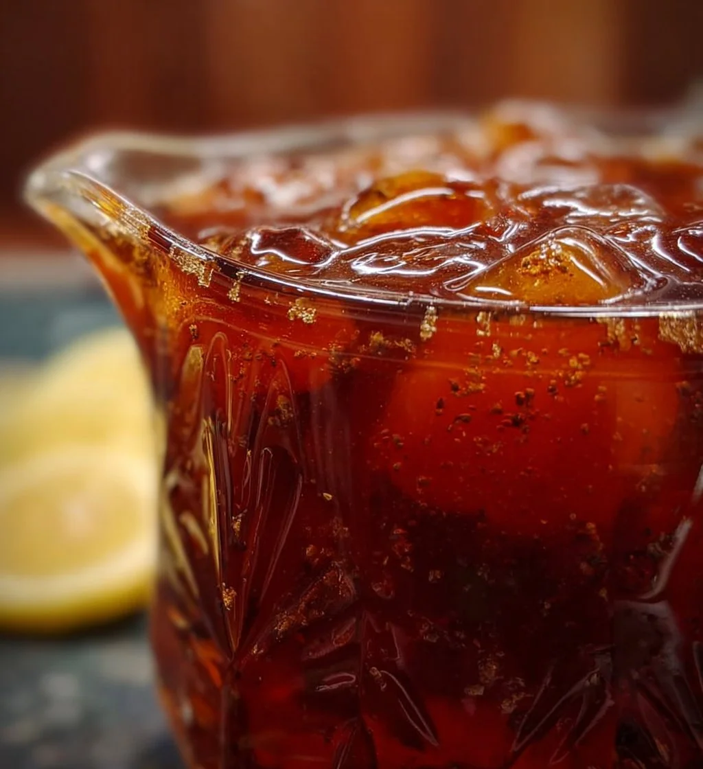 A refreshing glass of traditional Southern iced sweet tea with lemon slices.
