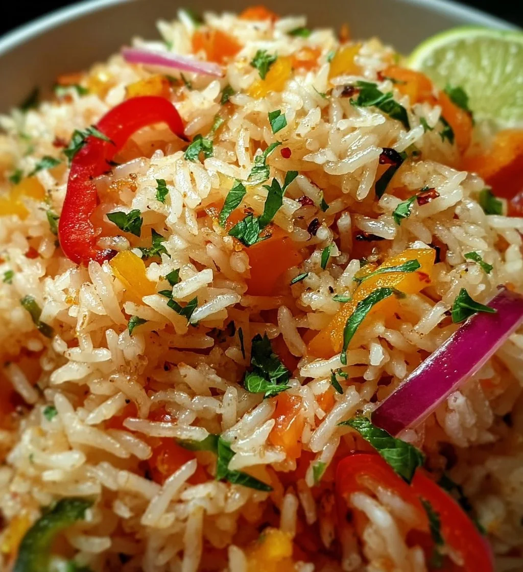 Delicious coconut pepper rice served in a tropical setting perfect for quick weeknight dinners.