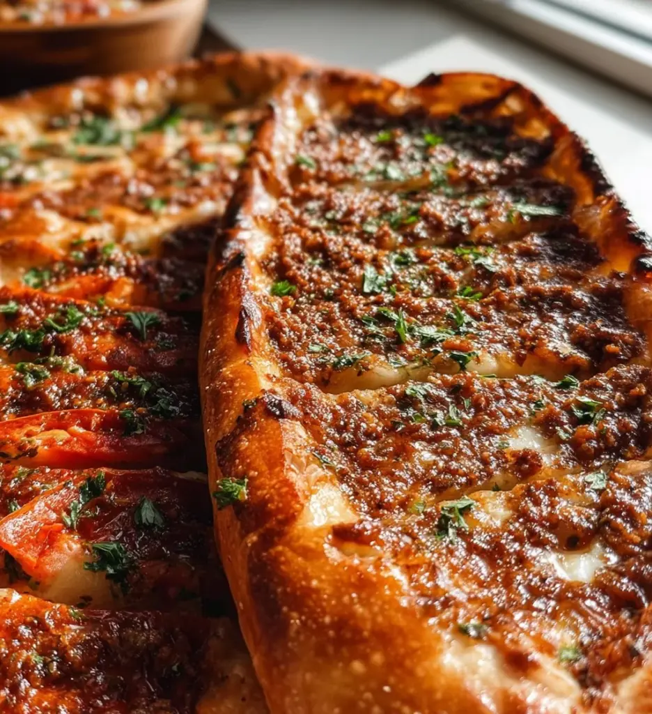 Delicious Turkish Pide flatbread topped with savory ingredients and herbs