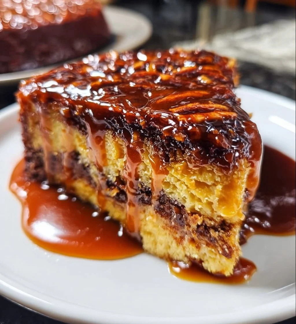 Sliced Turtle Caramel Cake topped with chocolate, caramel, and pecans on a white plate