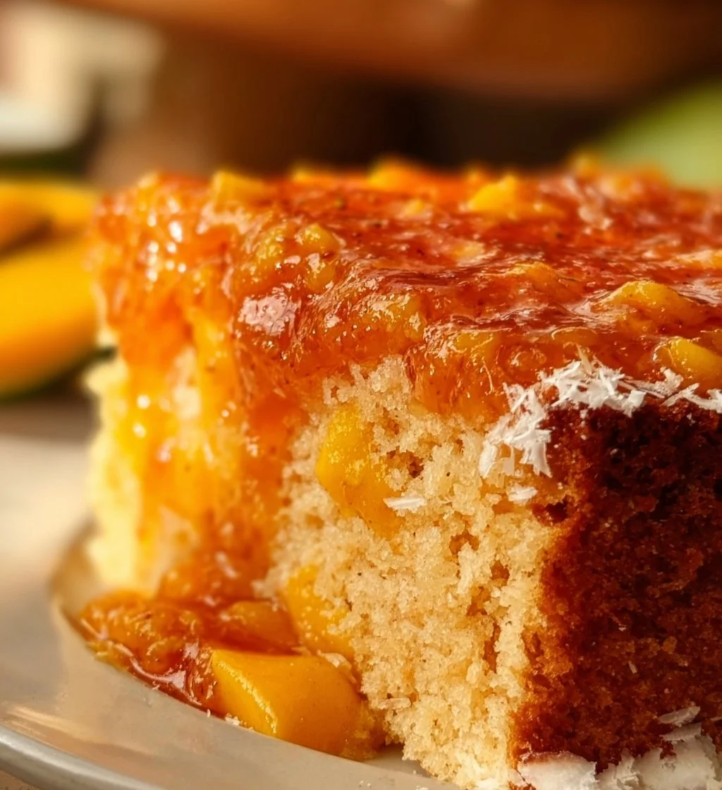 Ultimate vegan mango coconut cake topped with fresh mango slices and coconut flakes