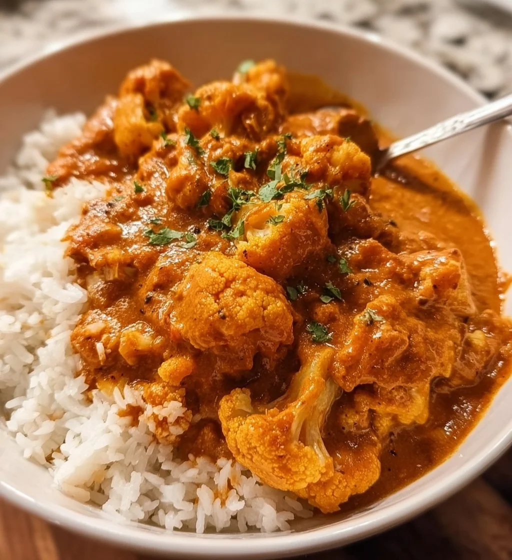 Vegan cauliflower tikka masala served in a bowl with fresh cilantro garnish.