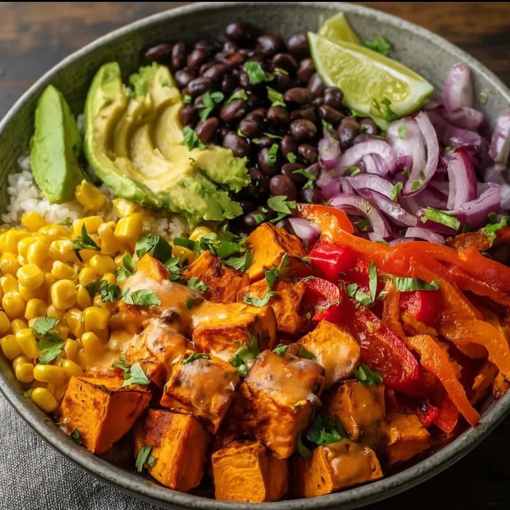 Vegan sweet potato burrito bowl with colorful vegetables and toppings