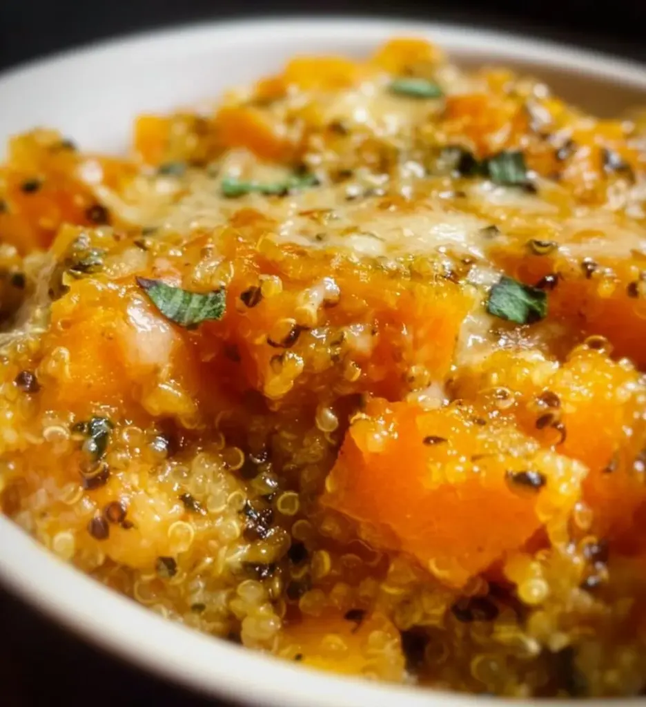 Vegetarian butternut squash quinoa casserole dish garnished with herbs
