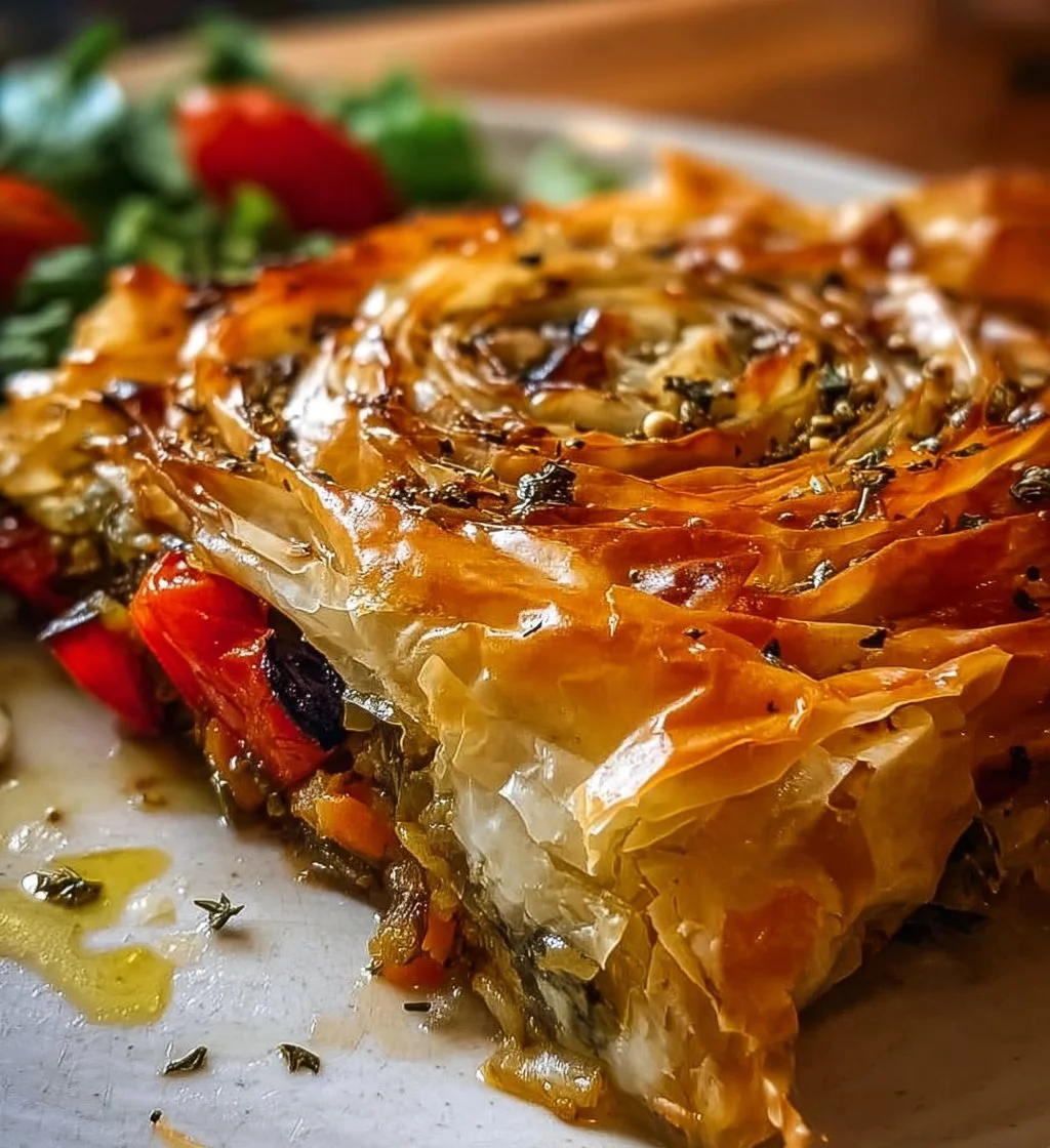 Delicious veggie phyllo bake with colorful vegetables and crispy layers