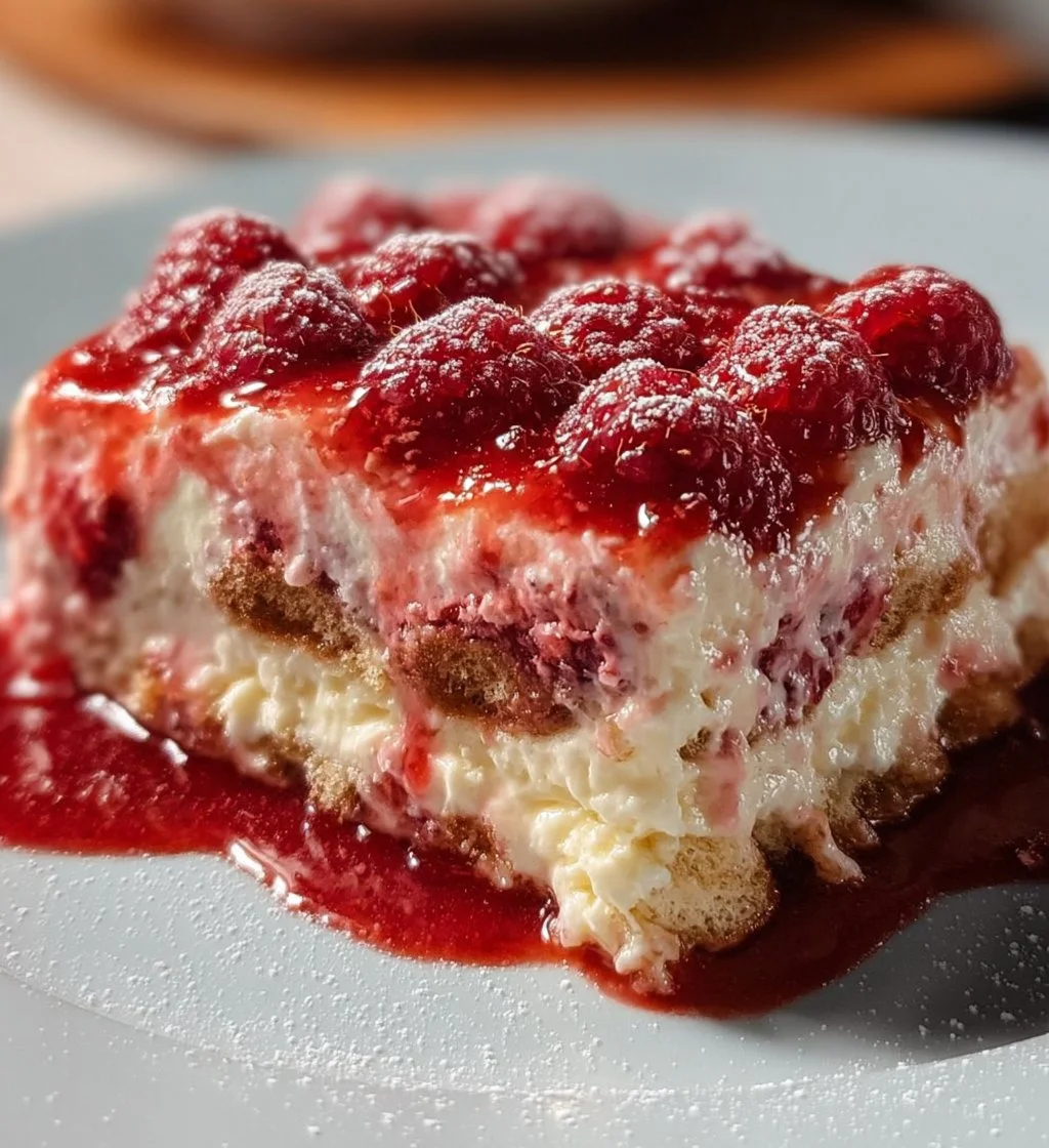 White chocolate raspberry tiramisu layered dessert with fresh raspberries and chocolate drizzle.