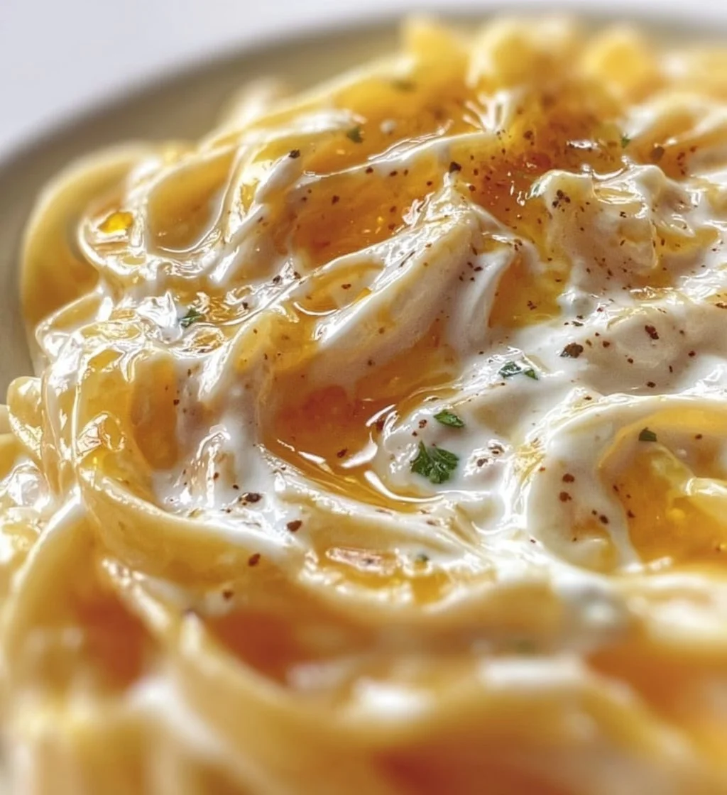 A bowl of creamy yogurt pasta sauce served over fresh noodles.